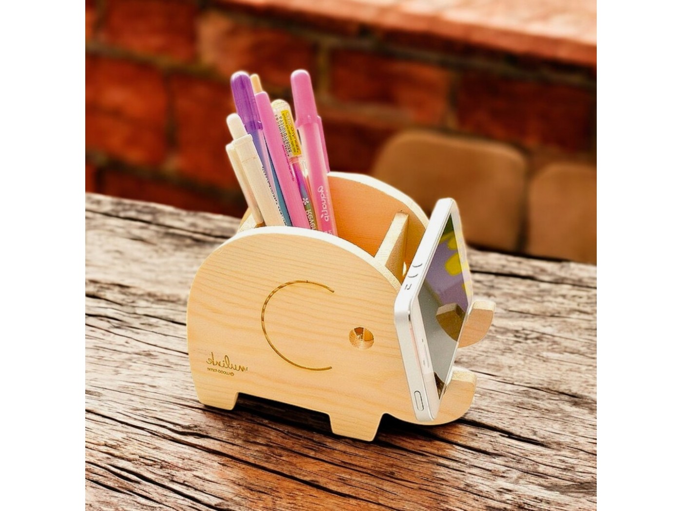 Fil Ahşap Kalemlik-Telefonluk